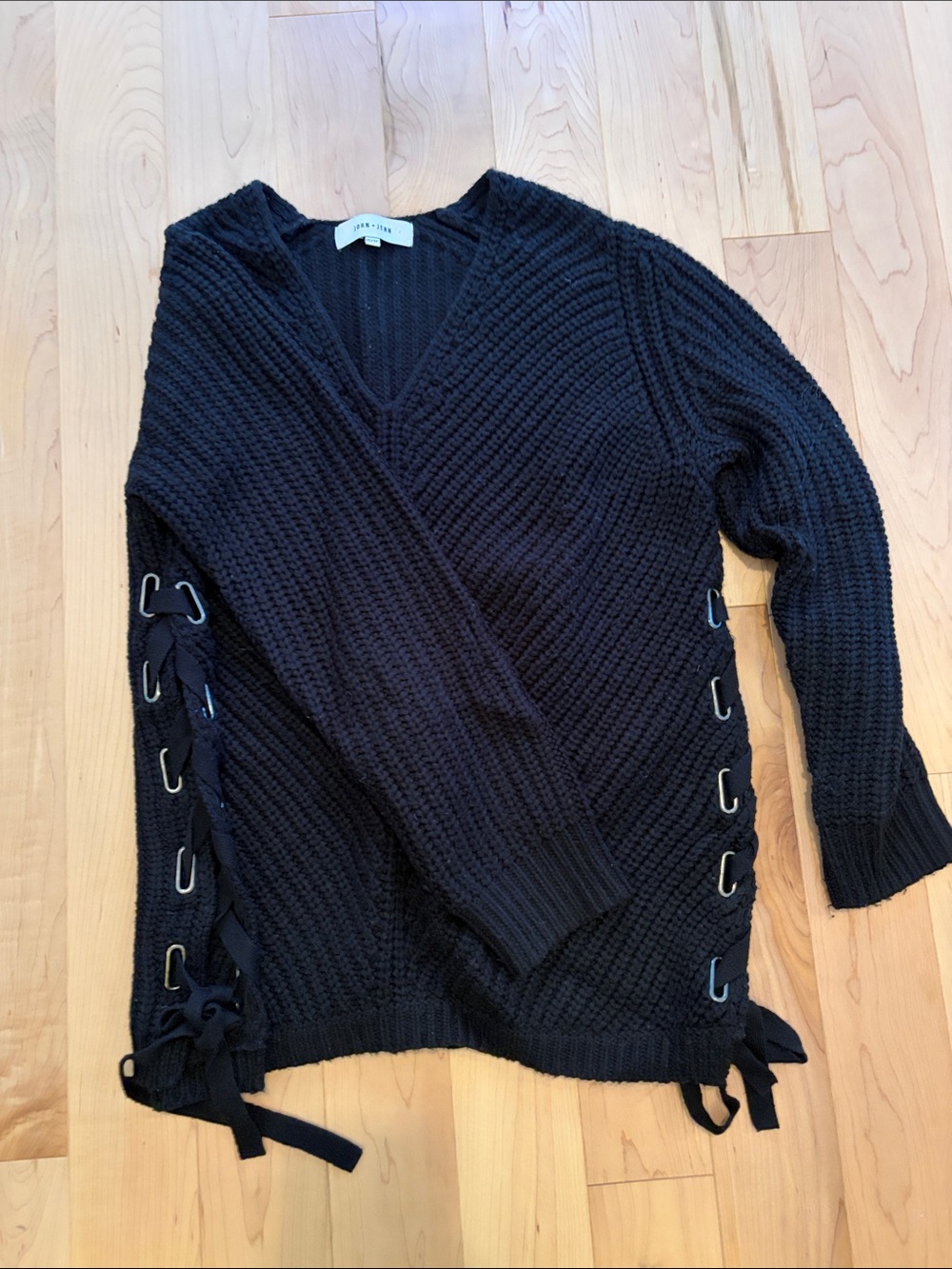 John + Jenn Black V-Neck Lace-Up Side Sweater